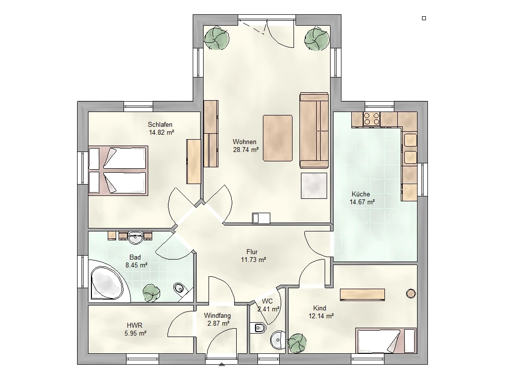 Grundriss Erdgeschoss Legato: 3 Zimmer, Küche, Bad, WC, HWR, Flur, Windfang