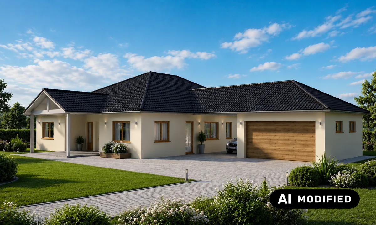 Bungalow mit Walmdach und angebauter Garage mit Holztor