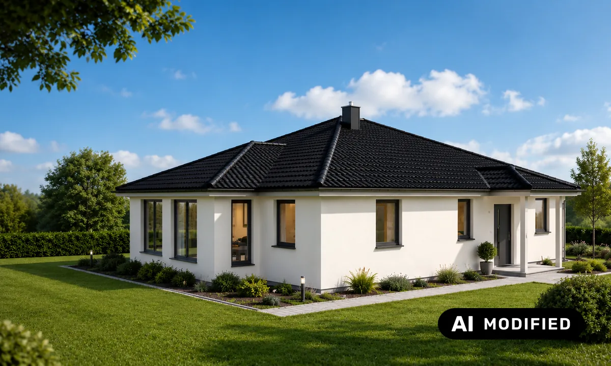 Bungalow mit dunklem Walmdach und umlaufender Rasenfläche
