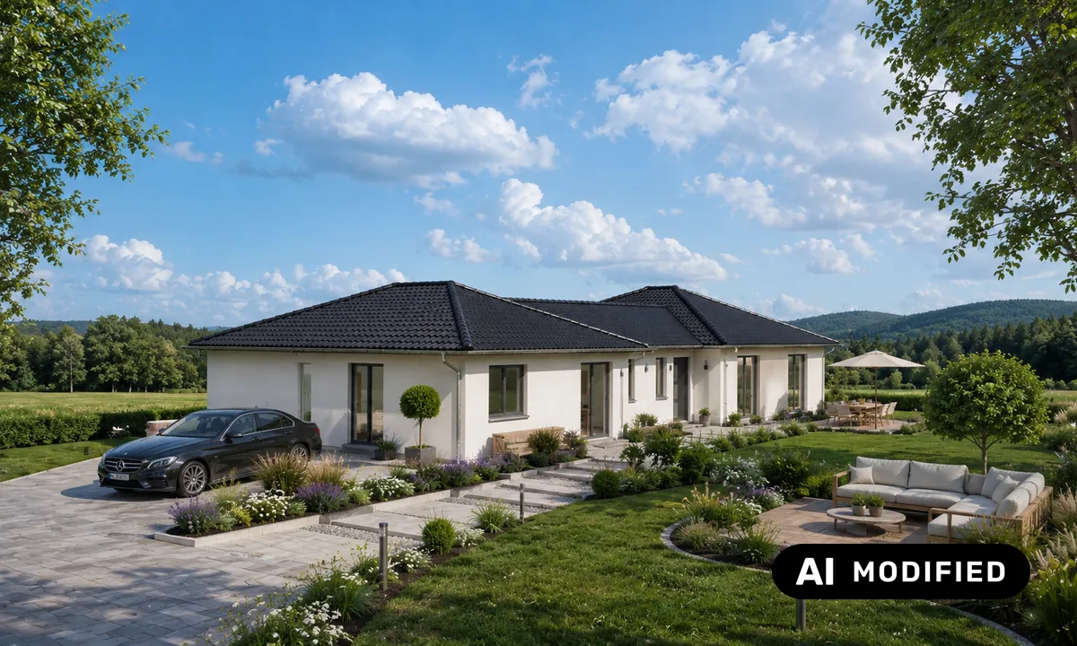 Doppelbungalow von der Gartenseite mit Terrasse und Feuerstelle