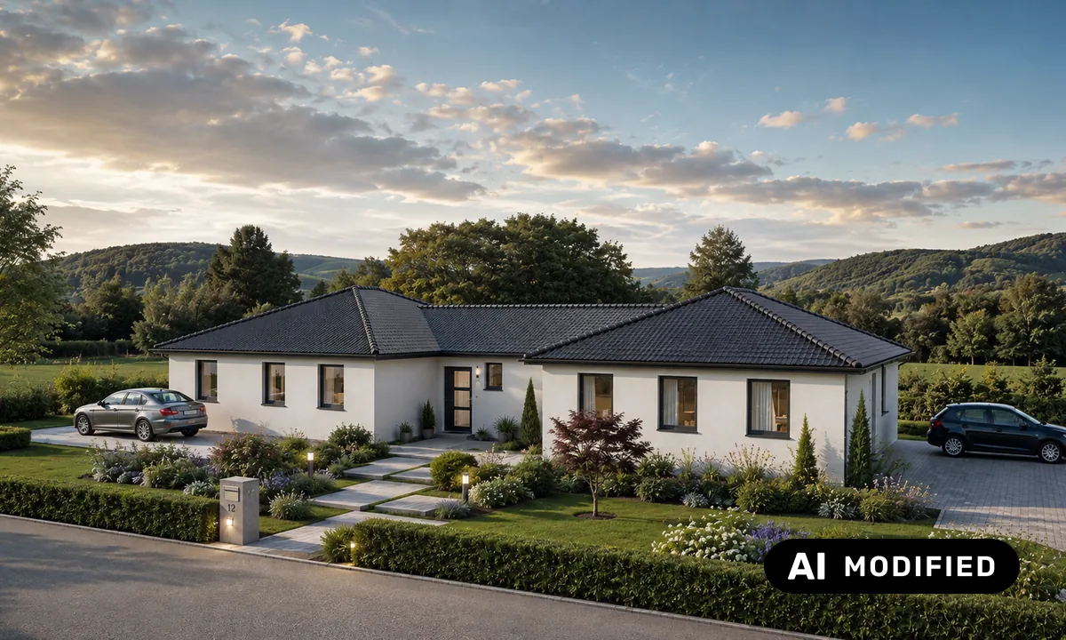 Doppelbungalow von der Straßenseite in der Abenddämmerung