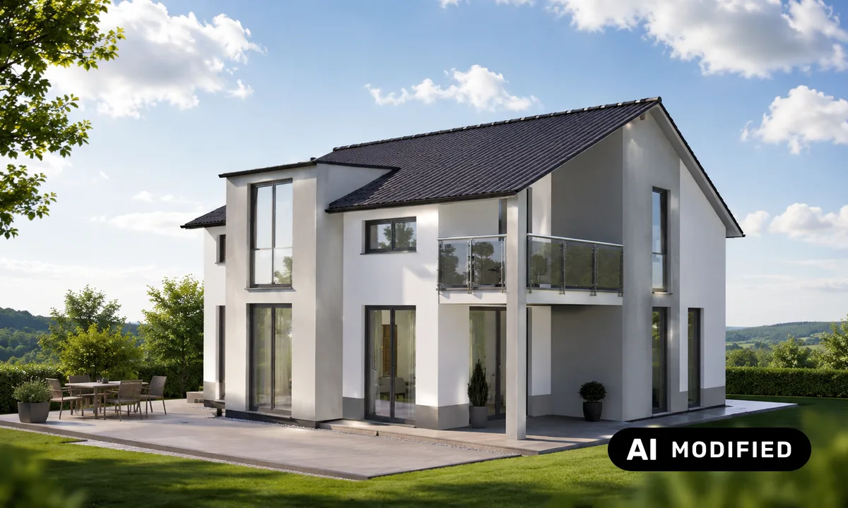 Modernes Einfamilienhaus mit Glasfront und umlaufendem Balkon