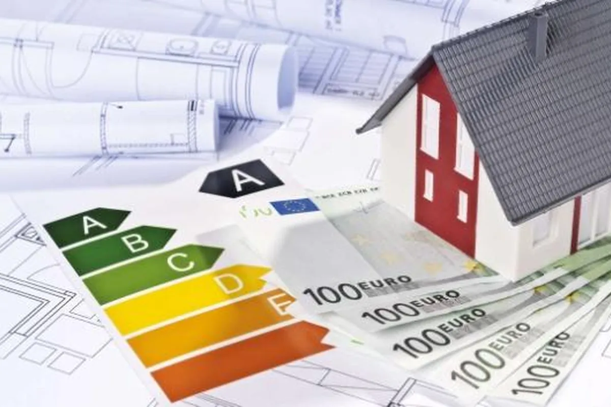 Energieeffizienzskala, Geldscheine und Hausmodell auf Bauplänen
